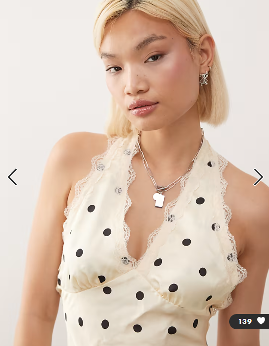 Lioness Stars Align halterneck lace trim open back satin mini dress in cream and black polka