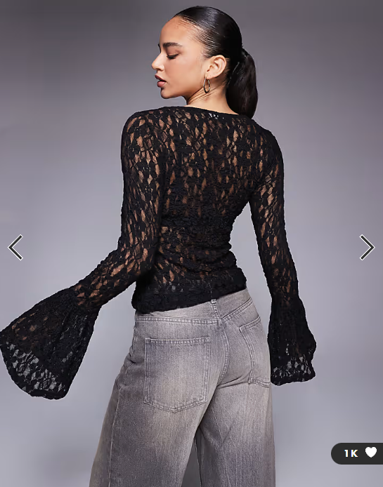 ASOS DESIGN sheer lace fluted cuff top in black