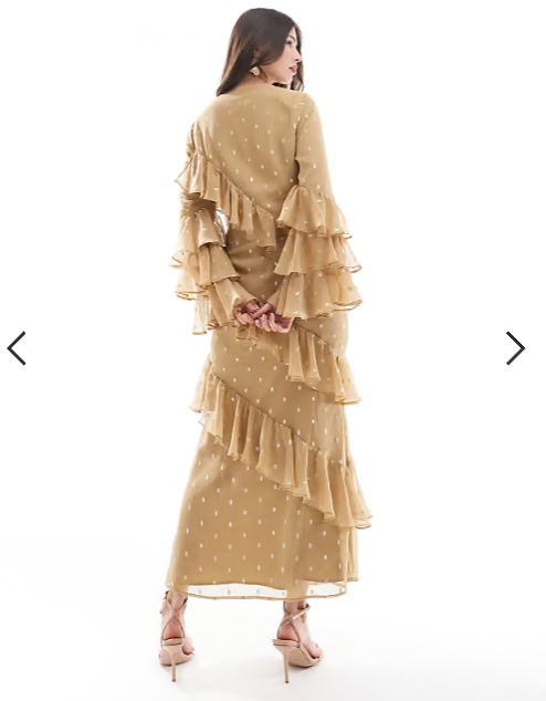 ASOS DESIGN tiered sleeve maxi dress with ruffles in gold dobby