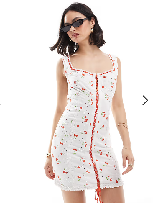ASOS DESIGN cami strap with corset bodice with ribbon detail broderie mini dress in cherry print
