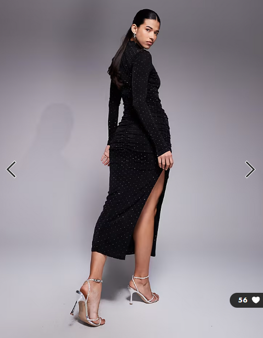 Ruched & Ready removable shoulder pad detail sculpting high neck drape front hotfix maxi dress in black