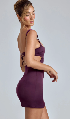 OhPolly-Cut-Out Satin Mini Dress in Plum