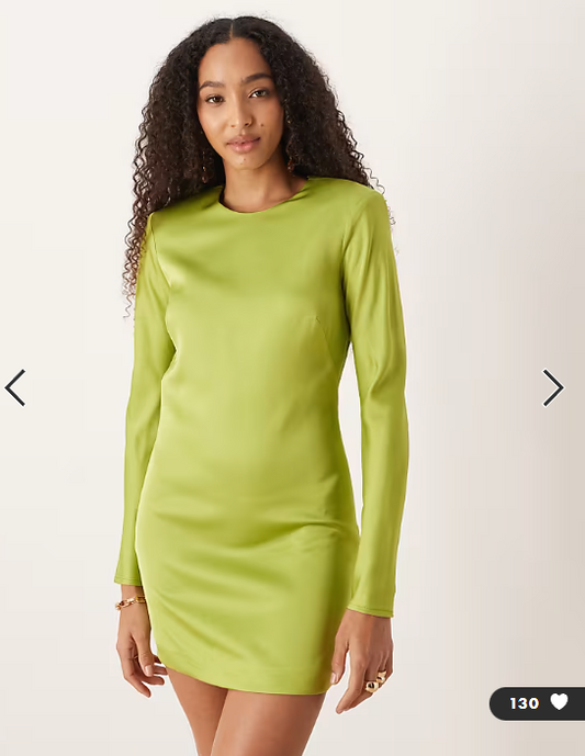 Mango satin open back long sleeve mini dress in green