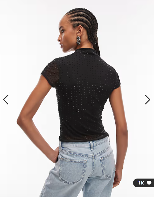 ASOS DESIGN hot fix sheer mesh top with rouleau loop button detail in black