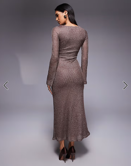 ASOS DESIGN glitter knit scoop neck long sleeve maxi dress in rose gold