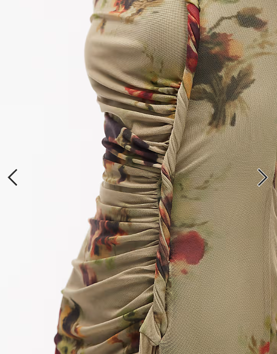ASOS DESIGN printed mesh long sleeve maxi dress with twist detail in green floral print