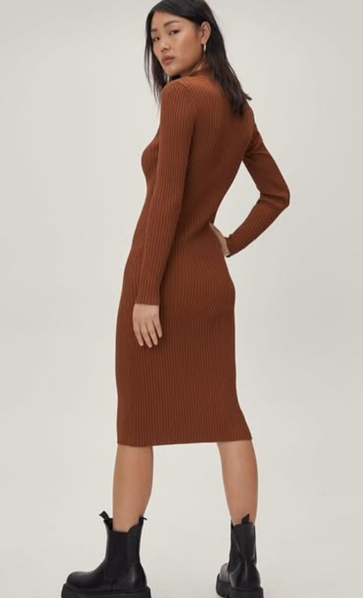 Nasty Gal Womens Knitted Ribbed High Neck Long Sleeve Midi Dress