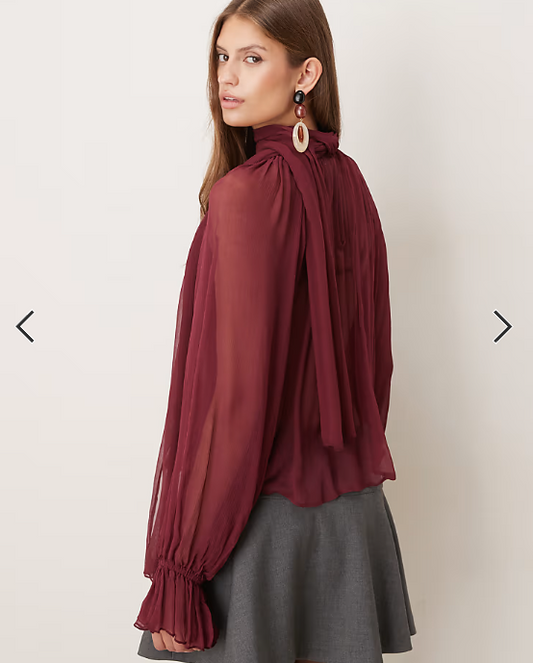 Mango gathered neck blouse in dark red