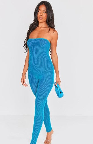 Blue Two Tone Knit Bandeau Jumpsuit