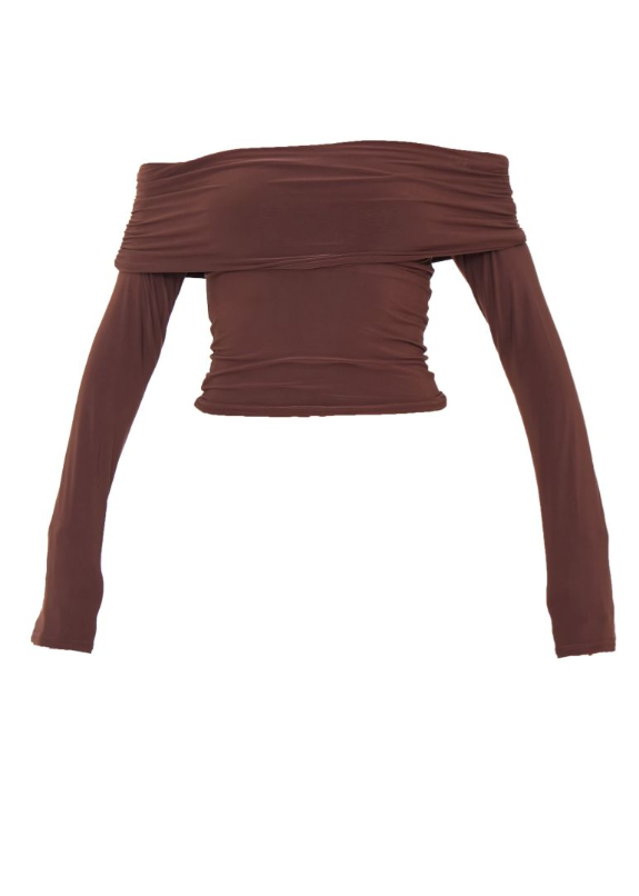 Brown Slinky Bardot Long Sleeve Long Top