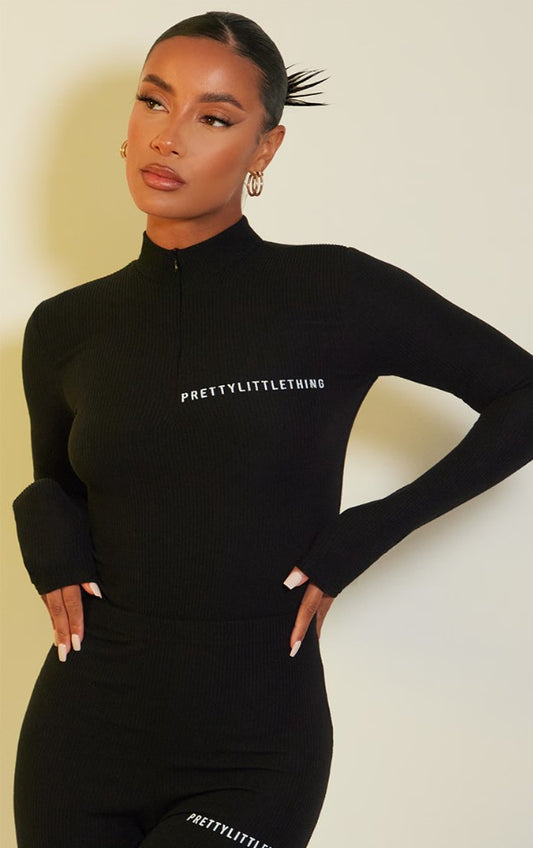Black Crinkle Rib Half Zip Bodysuit