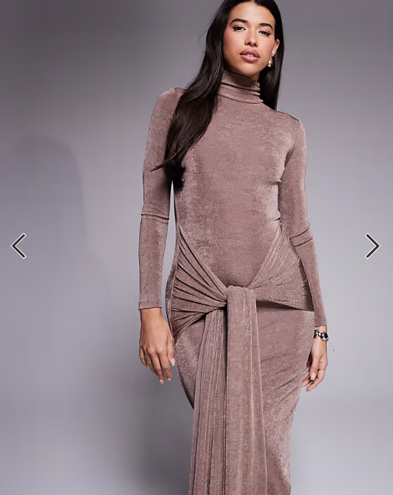 Aria Cove slinky high neck knot drape front maxi dress in mocha