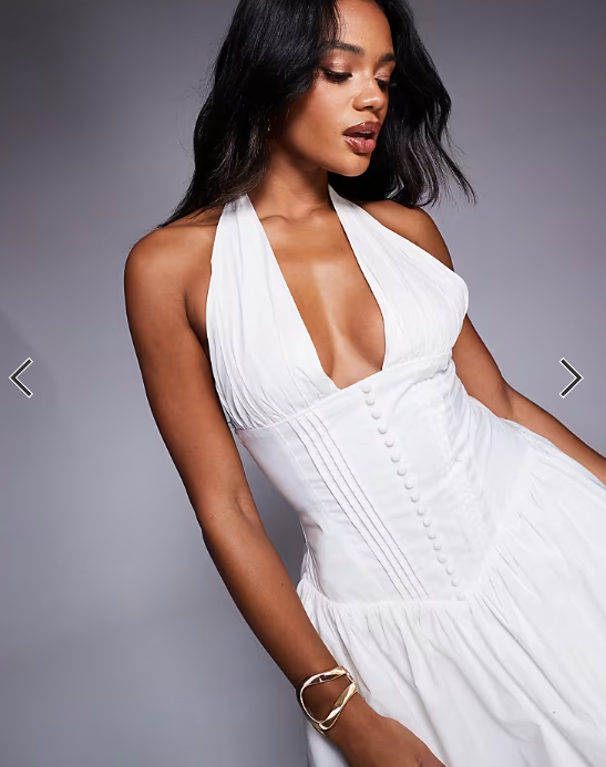 Aria Cove broderie plunge halterneck corset waist mini dress in white