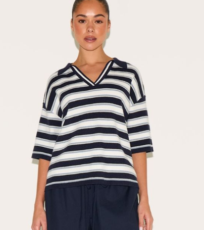 Black Stripe Soft Knit V Neck Collar Polo Top