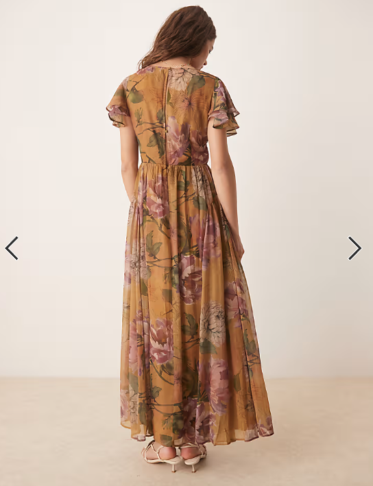 ASOS DESIGN v neck angel sleeve cut out maxi dress in floral print