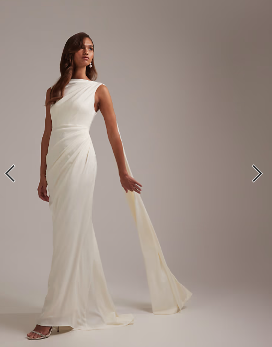 ASOS DESIGN slash neck wedding dress with draped back and scarf detail in ivory