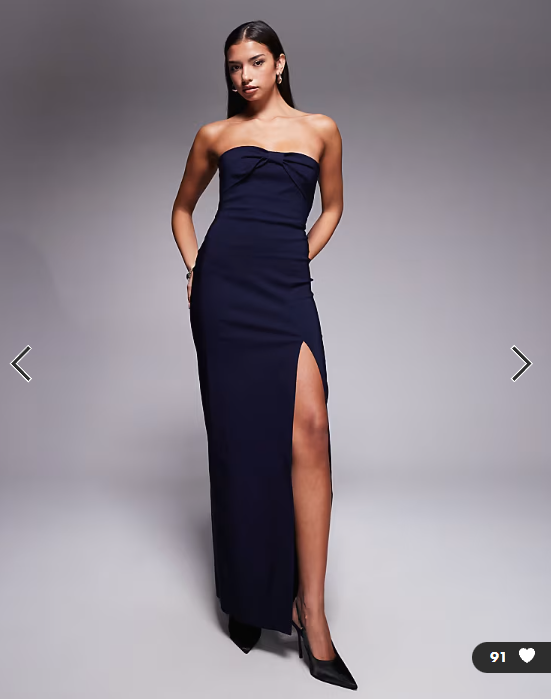 Vesper Bengaline bow front detail bandeau thigh split maxi dress in navy