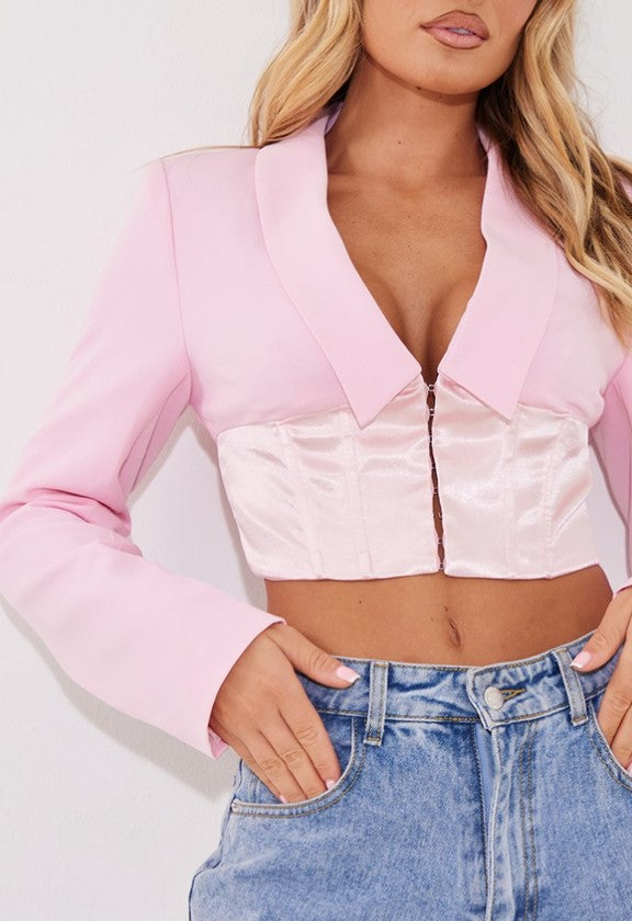 Light Pink Satin Middle Corset Cropped Blazer