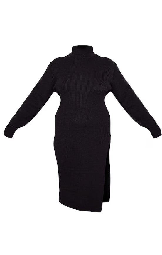 Plus Black Roll Neck Side Split Midi Dress