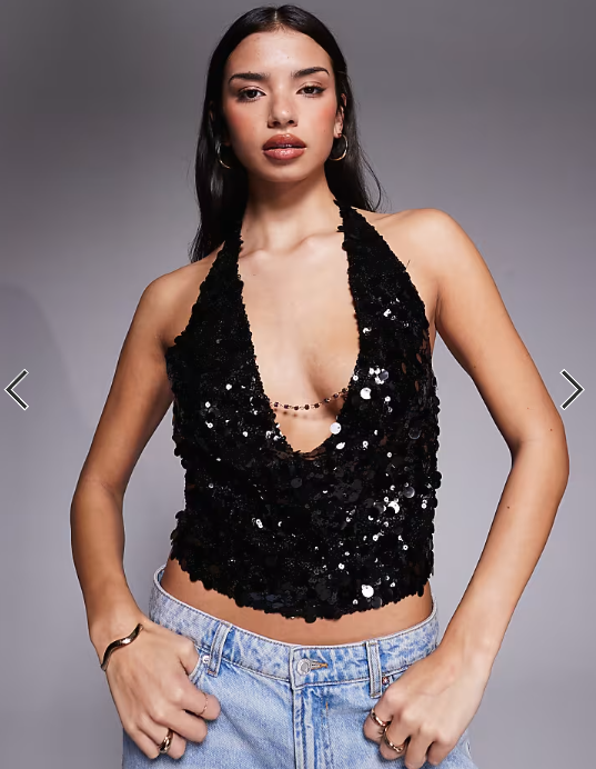Tiger Mist Zana halterneck disc sequin chain cowl detail tie back top in black