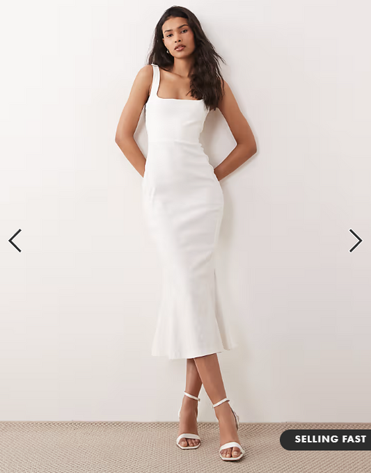 Vesper bengaline sleeveless square neck fishtail midi dress in white