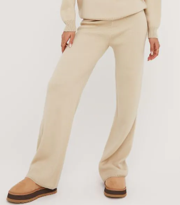 High Waist Contrast Swirl Detail Wide Leg Joggers In Stone Knit