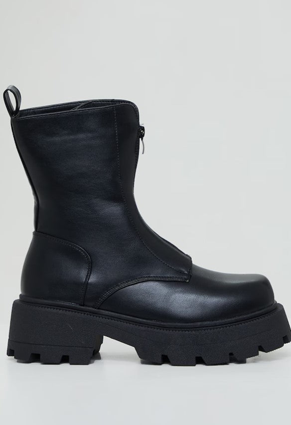 Black Matte PU Chunky Cleated Zip Up Boots