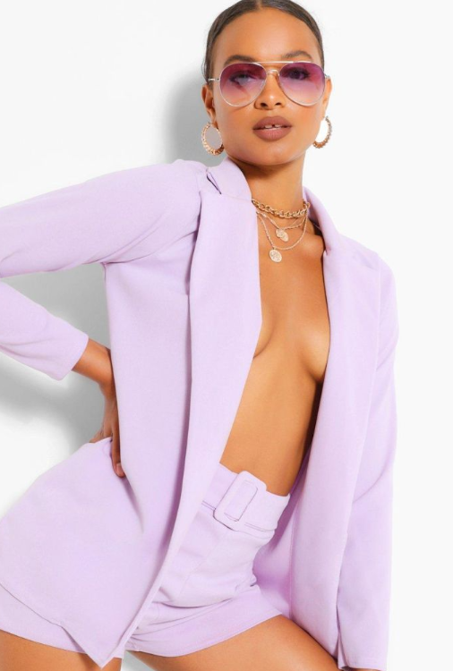 Boohoo - Blazer And Self Fabric Belt Short Suit SET- lilac