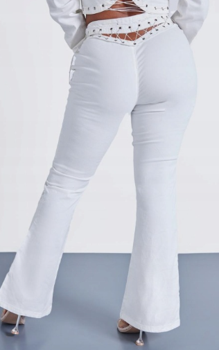 Plt Shape White Denim Lace Up Detail Flare Jeans