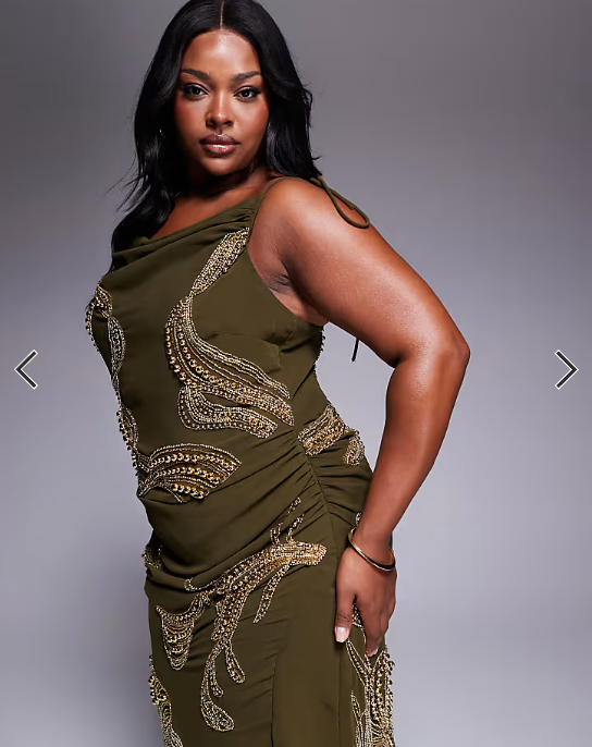 ASOS DESIGN Curve draped skirt overlay maxi dress with dropped waist and embellishment in khaki