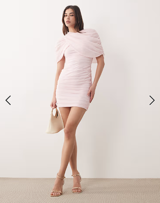 ASOS DESIGN draped mesh cape mini with shoulder pads in baby pink