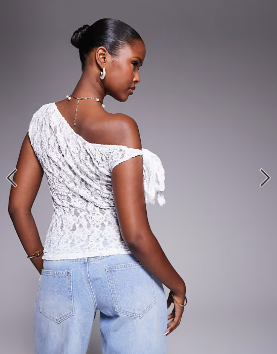 ASOS DESIGN lace tie fallen shoulder sheer top in cream