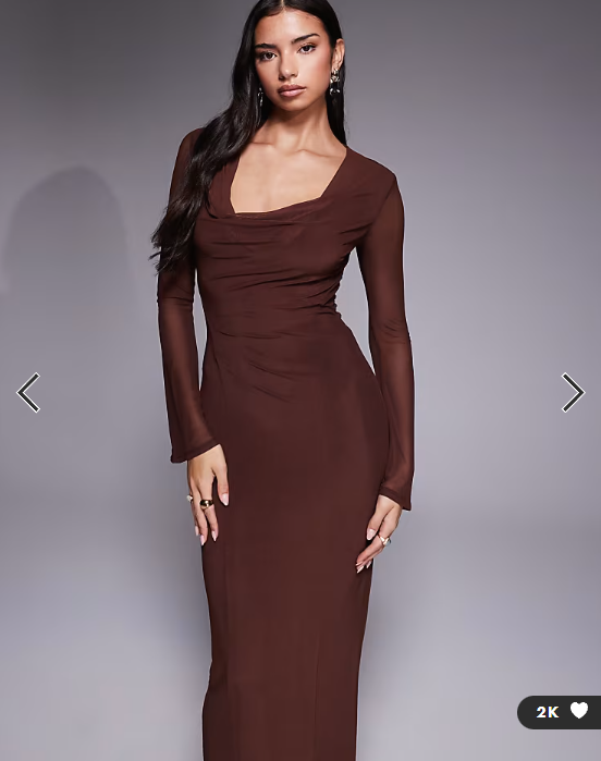 ASOS DESIGN mesh angel sleeve lace up back long sleeve maxi dress in chocolate