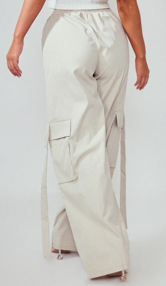 Stone Elasticated Waist Wide Leg Cargo Trousers