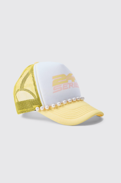 Slogan Foam Front Trucker Cap with Pearl Detail In Pastel Yellow