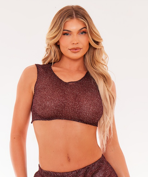 Chocolate Metallic Jersey Open Back Crop Top
