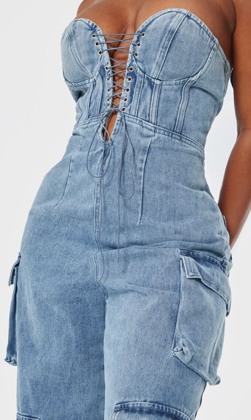 Shape Vintage Mid Wash Denim Bandeau Lace Up Front Wide Leg Jumpsuit