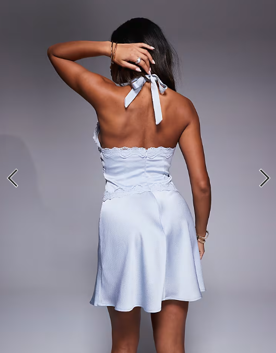 Rare London satin lace trim halterneck mini dress in soft blue