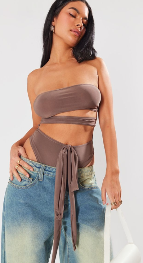 Mocha Slinky Twisted Front Bodysuit