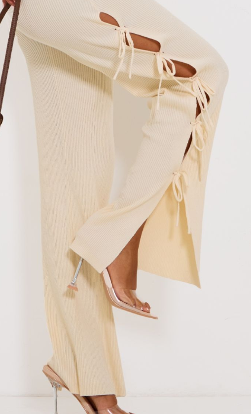 Petite Cream Rib Knit Open Back Tie Leg Detail Jumpsuit