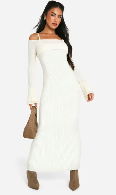Rib Knit Bardot Halterneck Maxi Dress
