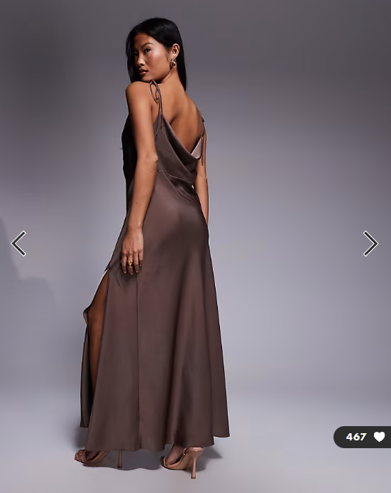 ASOS DESIGN Petite satin tie strap maxi dress with split detail in mocha brown