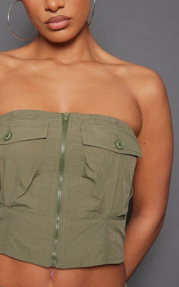 Khaki Shell Zip Up Pocket Front Bandeau Corset