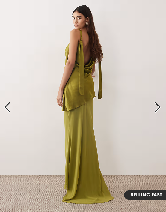 ARRANGE tie shoulder satin maxi dress in olive green
