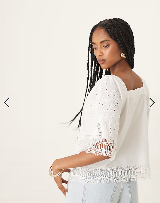 YAS crochet trim tie front square neck blouse in white