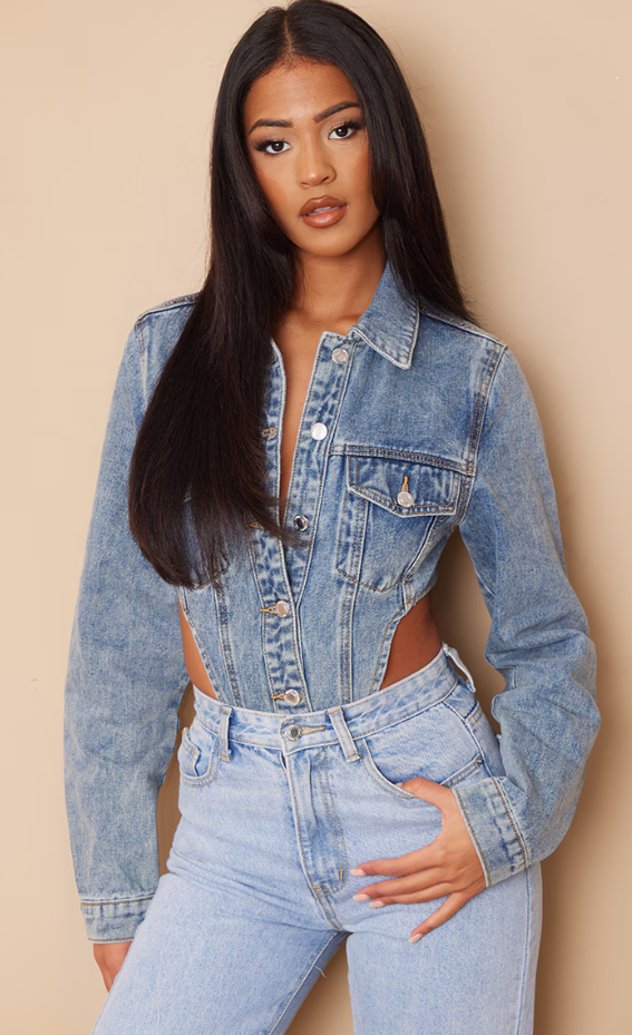 Tall Acid Blue Wash Denim Jacket High Bodysuit