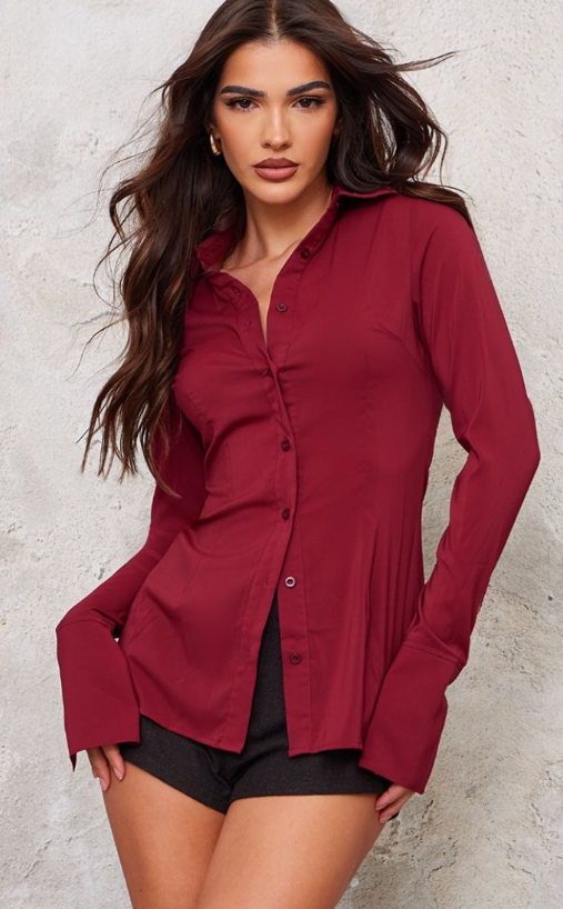 Maroon Chiffon Fitted Shirt