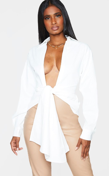 White Woven Ruched Tie Front Plunge Shirt