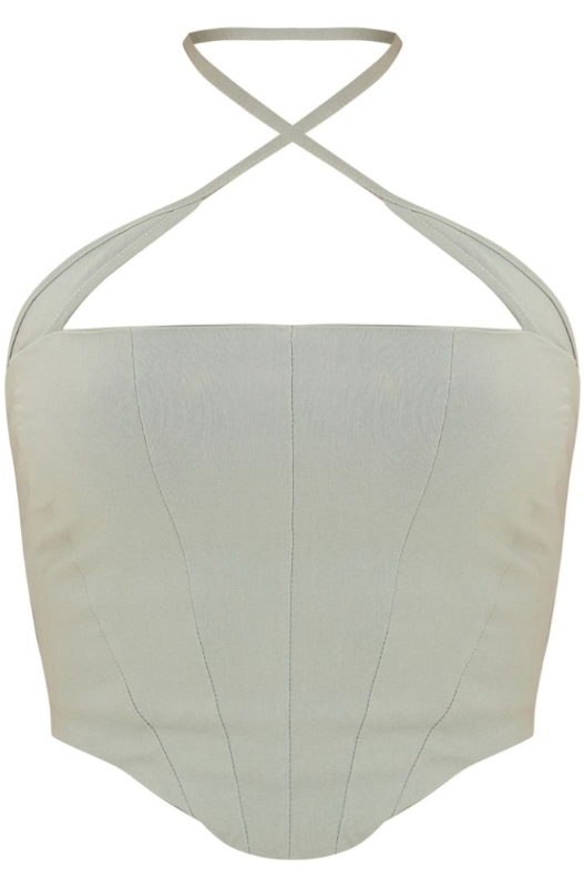 Plt - Sage Green Stretch Woven Cross Over Halter Crop Top