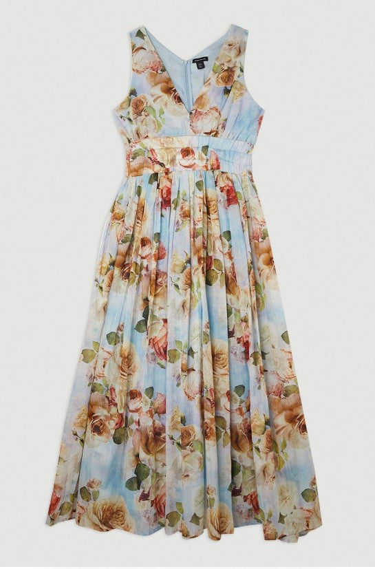 Silk Cotton Rose Print Plunge Woven Maxi Dress